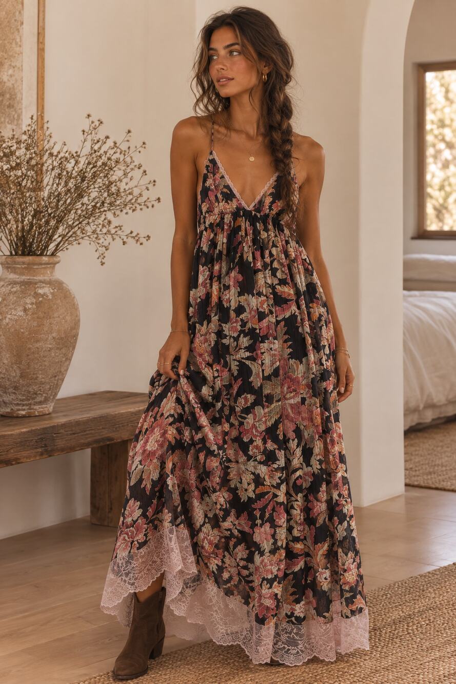 Free People Primmy Printed Midi/Maxi Dress Black Combo Floral Lace Boho